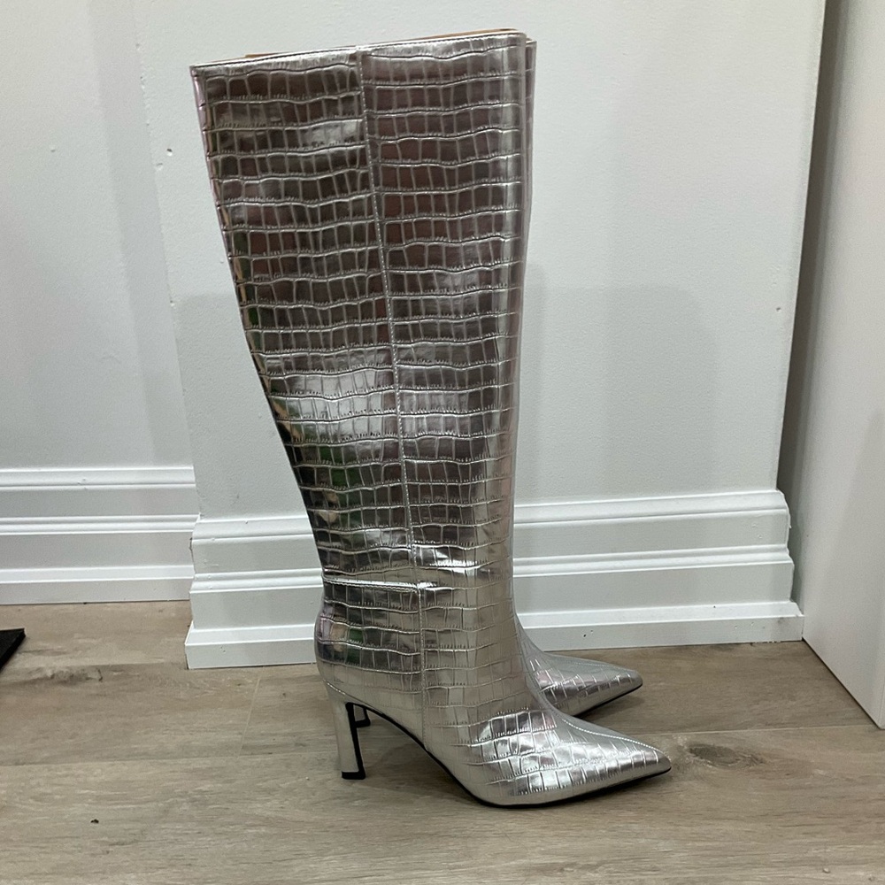 Silver faux Croc-Embossed Knee-High Boots